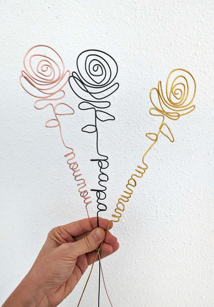 rose personnalisée prénom fil de métal doré fait main France