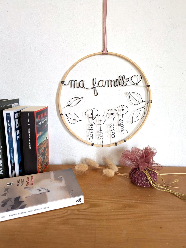 couronne famille personnalisee prenoms cercle bambou fil de fer noir fait main