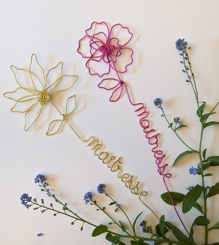 fleur prenom fil de fer aluminium personnalisee fait main France