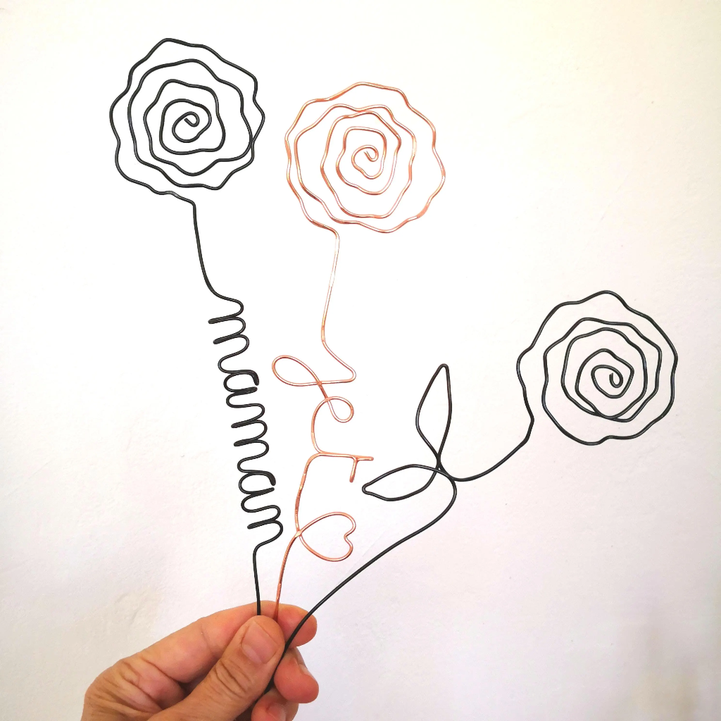 rose personnalisée message prénom fil aluminium noir fait main