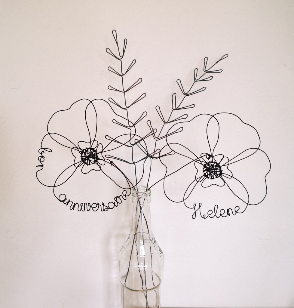 Bouquet Bon Anniversaire et Prénom en Fil de Métal Noir- Cadeau fait main France