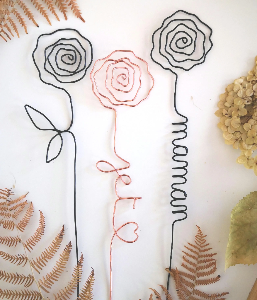 Roses Personnalisées Message en fil d’aluminium - Cadeau fête des Mères Fait main France (1 fleur prénom, Aucune, Noir)