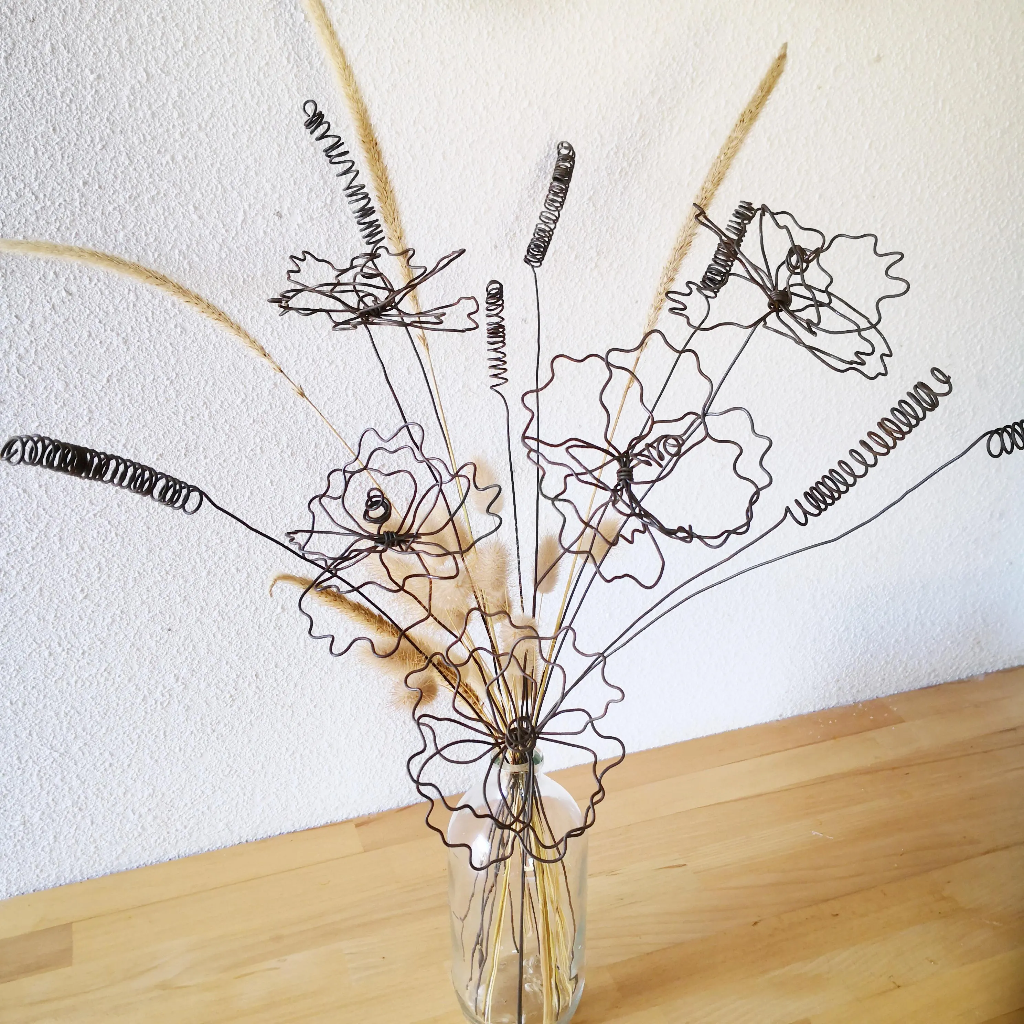 Bouquet Fleurs des champs et Graminées en Fil de fer recuit Noir