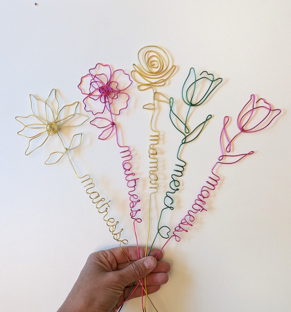Fleurs Personnalisées Message en fil d’aluminium - Cadeau fête des Mères Fait main France 