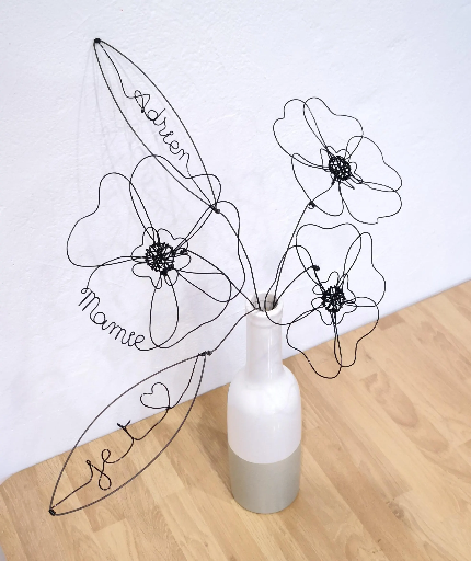 Fleurs et Feuillages personnalisés Prénom en Fil de Métal Noir